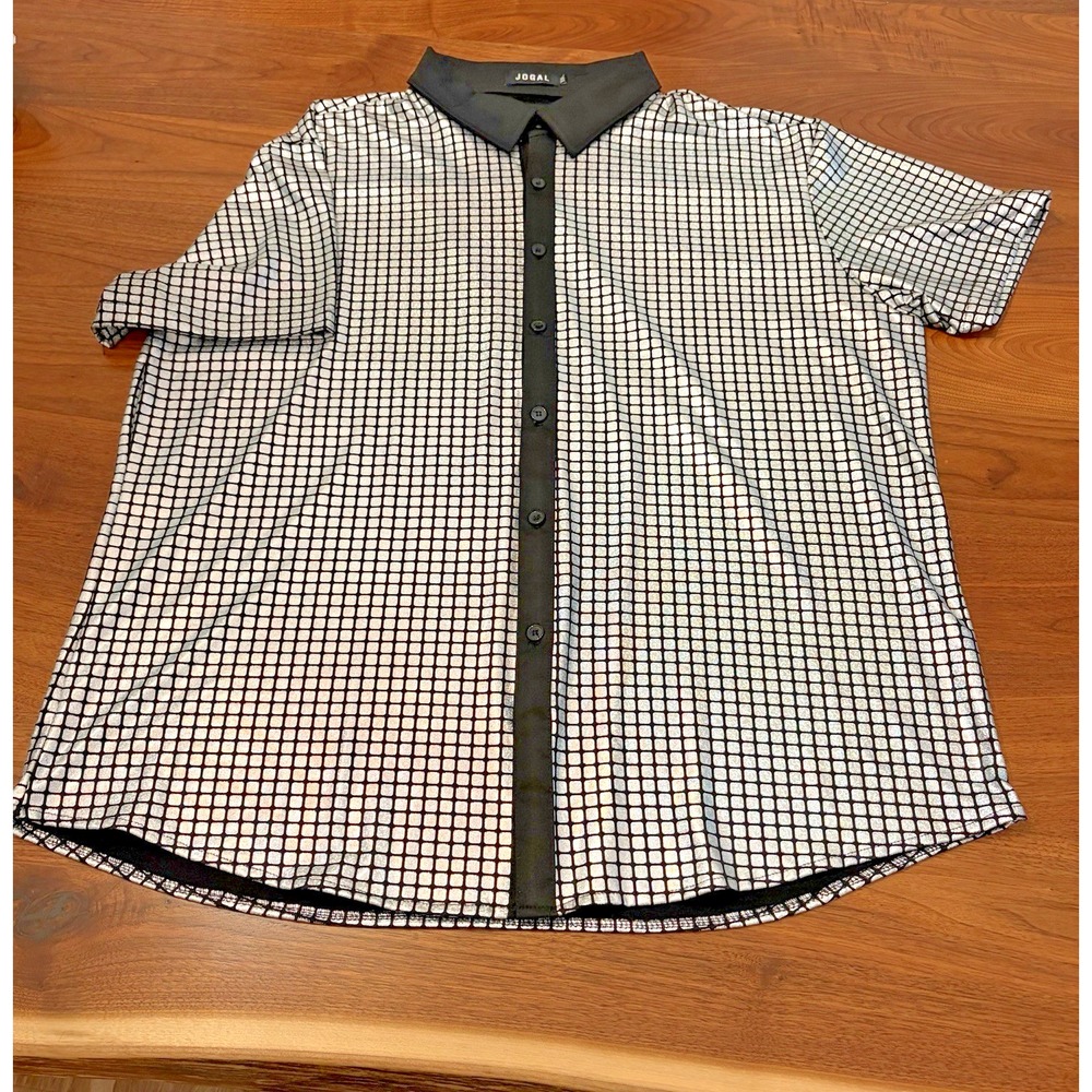 Jogal Disco Polo Shirt Mens XXL Silver Black Flashy Iridescent 70s Costume XXL